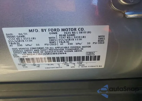 2021 Ford Explorer z USA, uszkodzony, nr VIN 1FMSK7BH9MGB62894